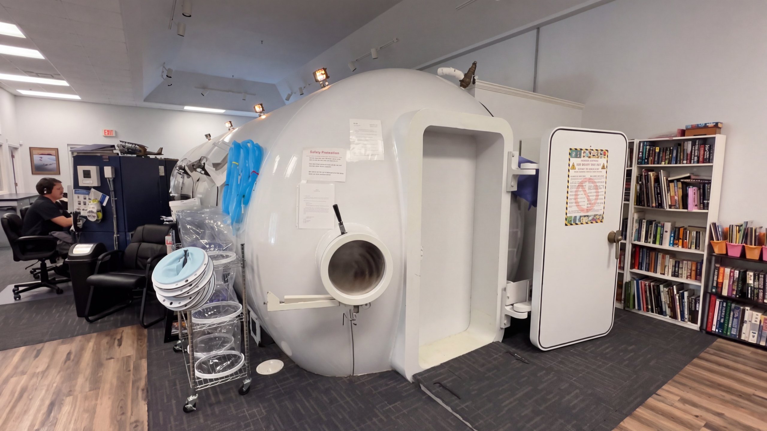 The BRHC 12-person multiplace hyperbaric chamber with its walk-in door open